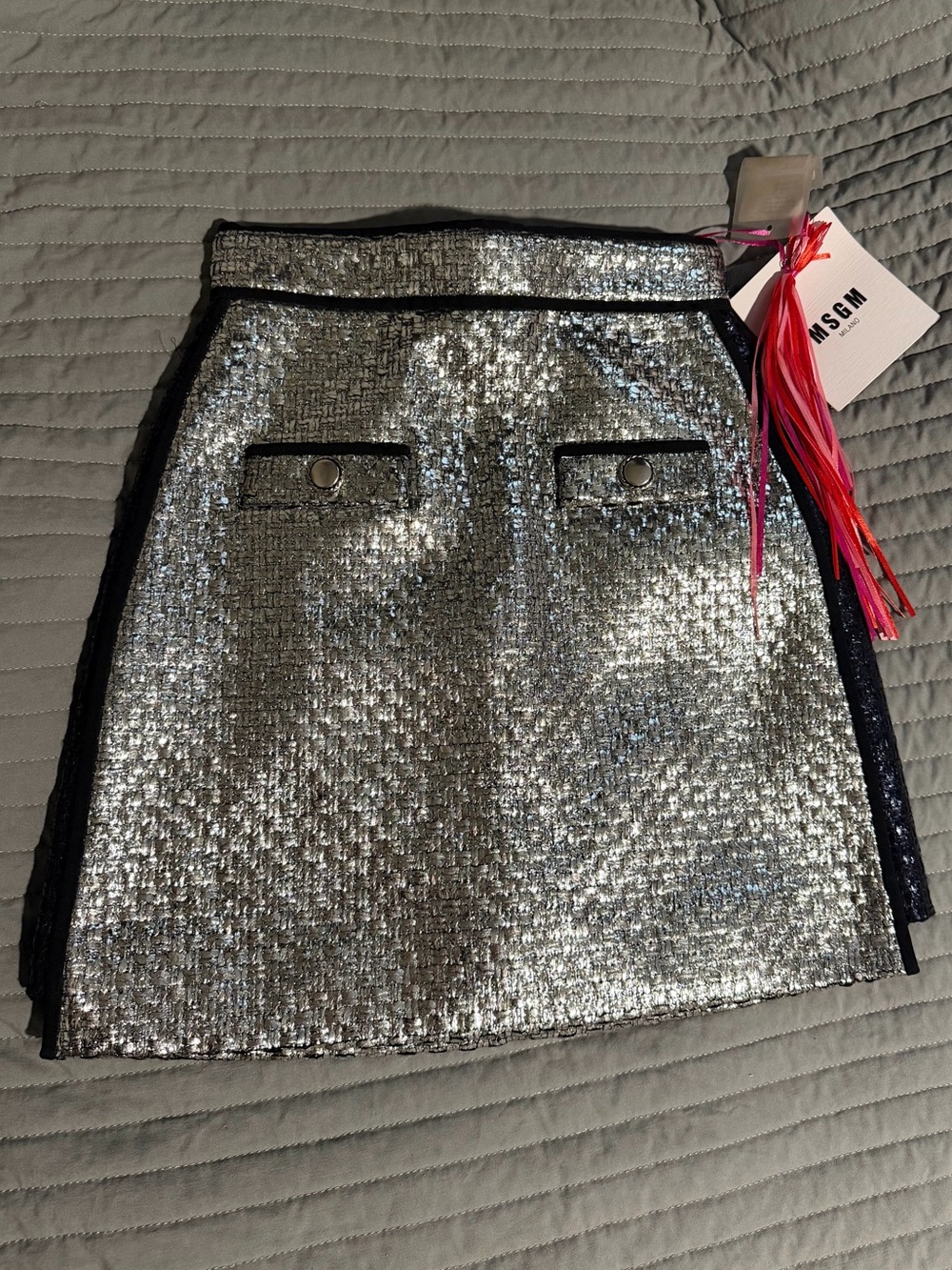 NWT MSGM Milano Silver/Metallic Skirt with Black Sides